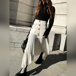 Commense Patchwork Asymmetrical Pleated Buttoned Midi Skirt, Medium